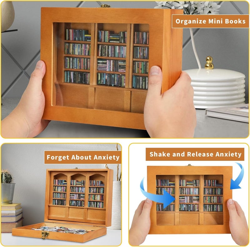 TABTAG Anxiety Bookshelf - Shake Off Your Anxiety,Miniature Display Shelf,Contains 240 Miniature Book Models,Antique Style Gift Decoration Mini Bookshelf (Brown) - Image 4